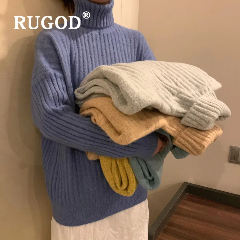 Свитер женский RUGOD, женский свитер и пуловер, Модный яркий цвет, в Вертикальную Полоску, вязаный свитер для женщин, толстый зимний свитер с высоким воротом, топы кофта женская