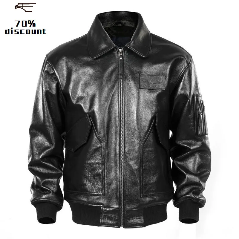 

2020 Men Black USAF Pilot Leather Jacket Genuine Cowhide Winter Military Russian Aviator Leather Coat Customized FREE SHIPPING