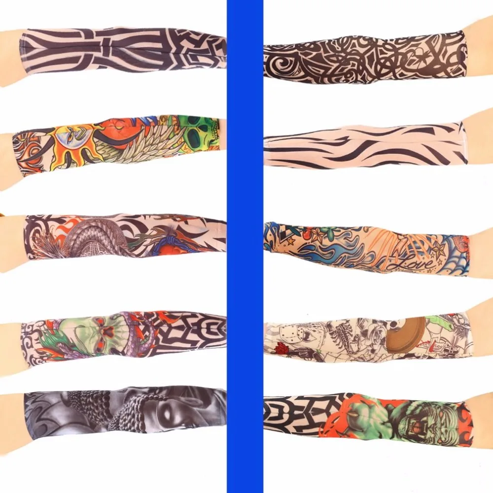 1 шт. поддельные татуировки эластичные рукава руки чулки спортивные скины Защита от солнца водонепроницаемый унисекс плечо рукав цена