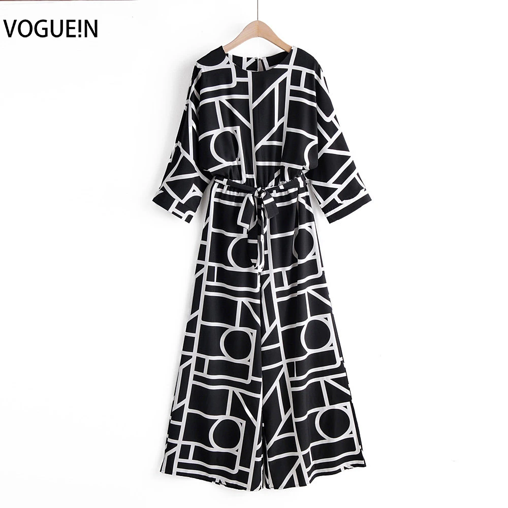 

VOGUEIN New Womens Geometric Print Black White O-Neck 3/4 Sleeve Jumpsuit Playsuit Wholesale