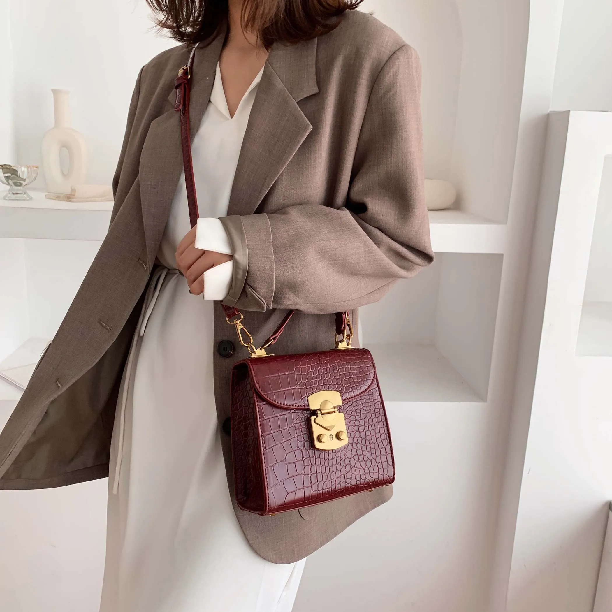 Mini Stone Pattern PU Leather Crossbody Bags For Women Lock Designer Shoulder Messenger Bag Female Travel Handbags 6293
