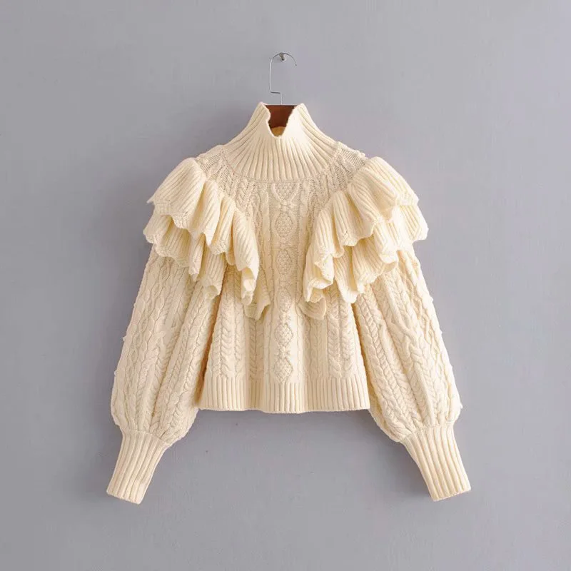 RZIV осень и зима женский свитер Повседневный сплошной цвет гофрированный Декоративный Высокий воротник длинный рукав свитер