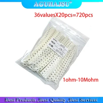 

36valuesX20pcs=720pcs 0603 1ohm-10Mohm SMD Resistor Kit Assorted Kit 1% component diy samples kit new and original
