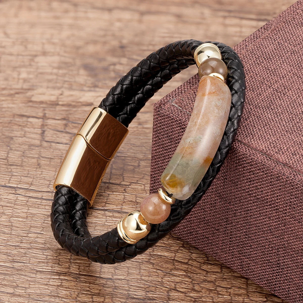 Fashion Echtes Leder Armband Männer Multilayer Seil Natürliche Stein Armbänder Edelstahl Magnetische Schließe Armreif Männlichen Schmuck – Detail 3