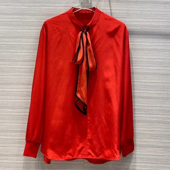 

Fashion Bow Tie Silk Blouses Women Spring Autumn Long Sleeves Satin Shirt Korean Chic Solid Tops Office Lady Work Wear