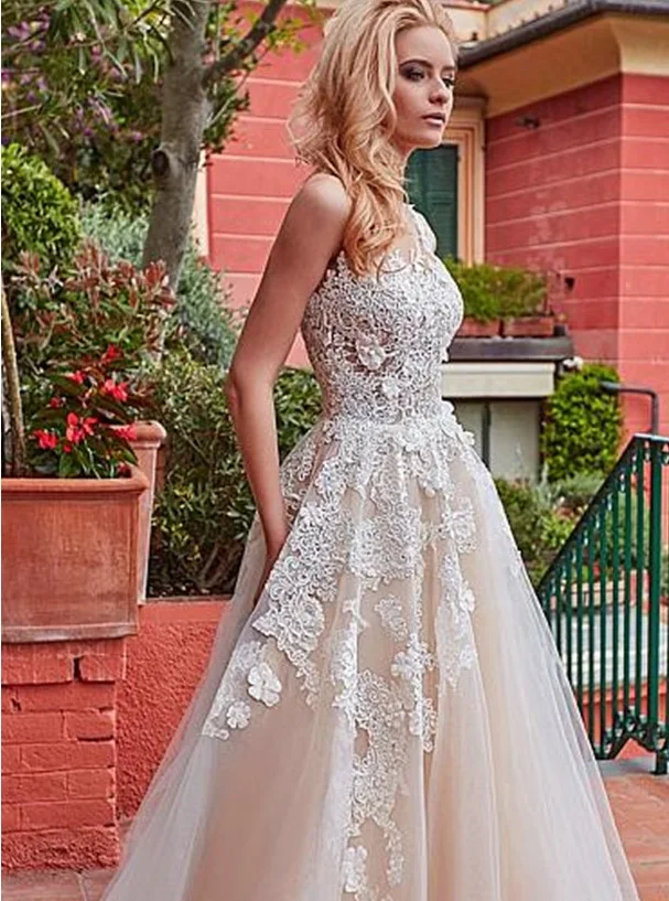 Великолепный Тюль жемчужина декольте A-Line свадебное платье с кружевной аппликацией& 3D цветы Шампанское Свадебные платья - Цвет: same as picture