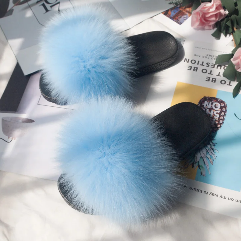 sky blue Женские пушистые тапочки с натуральным лисьим мехом; женские домашние Плюшевые сандалии; милые плюшевые тапочки; Повседневная пляжная обувь флип-флоп; домашняя обувь на плоской подошве - Цвет: sky blue