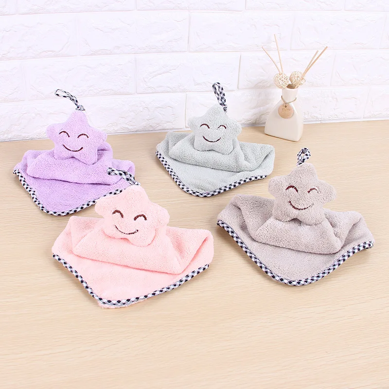 Tino Creative Cartoon Hand Towel Smiley Cute Bathroom Coral Velvet Lanyard Bathroom Star Gluing Hand Towel