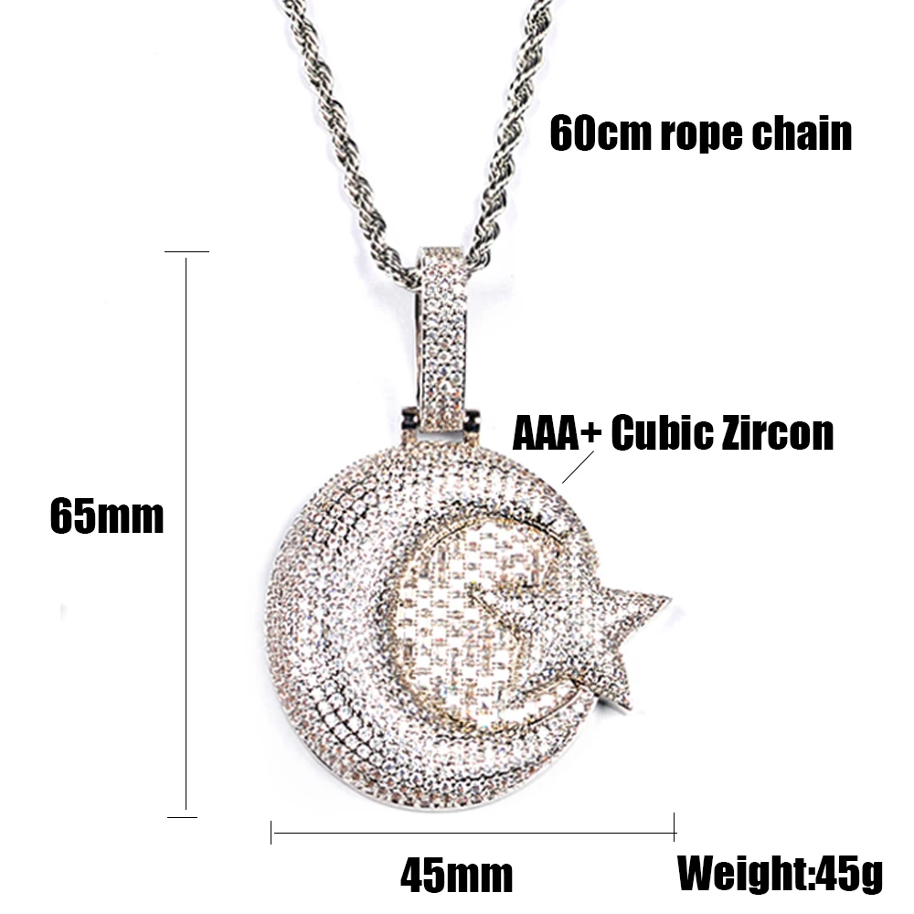 AZ Big Star Moon Iced Out Pendant Necklace For Men Women Full Bling Zircon Cuban Chain Link Hip Hop Jewelry Free Shipping 6