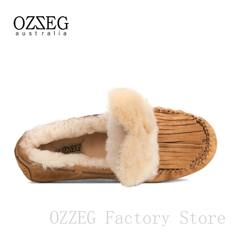 OZZEG/Роскошная брендовая дизайнерская обувь; женские зимние лоферы из натуральной кожи на плоской подошве с австралийским овечьим мехом; женская обувь с кисточками и кроличьими ушками