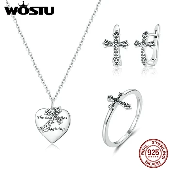 

WOSTU 925 Sterling Silver Vine Cross CZ Ring Earrings and Necklace Jewelry Sets for Women Fine Wedding Jwelry Set ZHS213