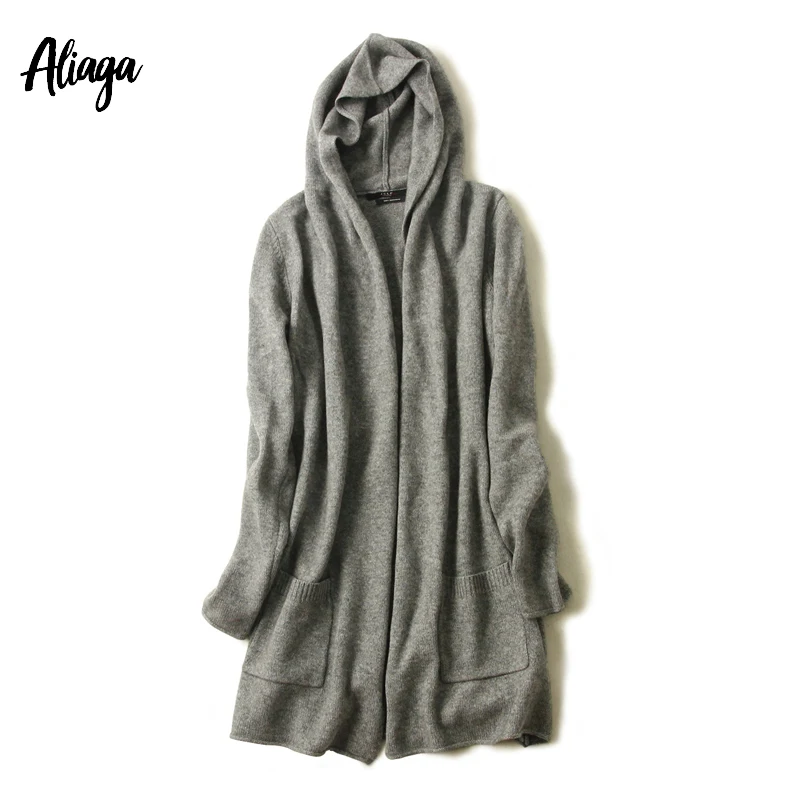 Aliaga New Arrival Pure Cashmere Cardigan Women Autumn Winter Hooded Sweater Coat With Pocket