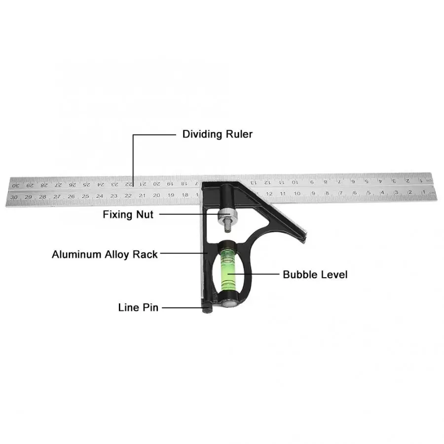 300 мм Регулируемая комбинированная квадратная угловая линейка 45/90 градусов с пузырьковым уровнем угловая линейка