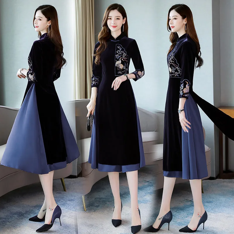 

Dress Long Sleeve Waist Hugging Mid-length Elegant Solid Color Versatile 2019 Autumn Stand Collar