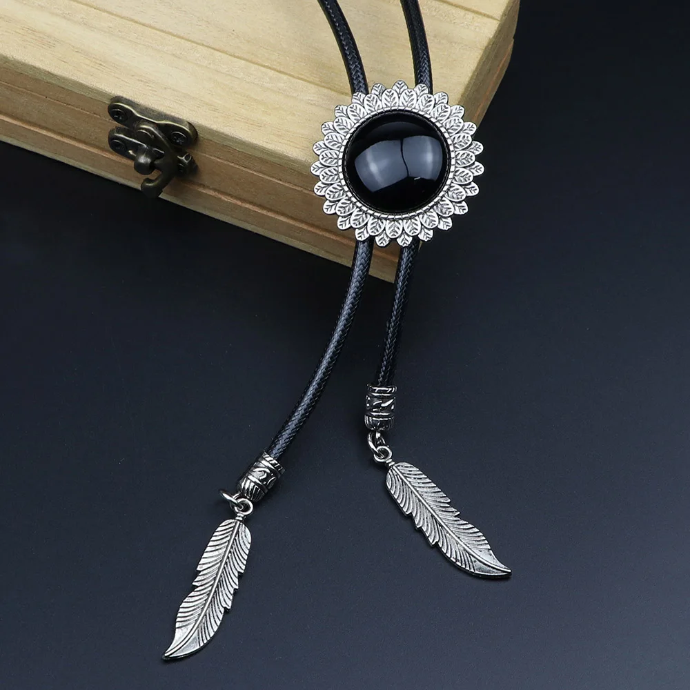 Cravatta Bolo In Cuoio Nero Stile Western - Unisex Con Pendente Argento Antico - Foto 7