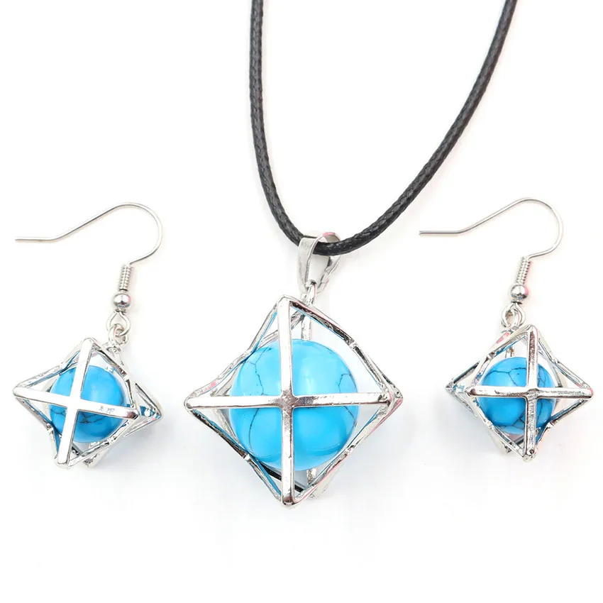 

FYJS Unique Silver Plated Merkaba Star Point Pendant Necklace Drop Earrings Green Turquoises Stone Jewelry Sets