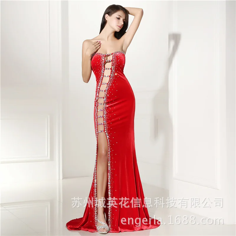 

Red Long Evening Dresses 2019 Mermaid Sheer Scoop Side Split Open Back Beaded Crystal See Through Women Evening Gown Prom Dress