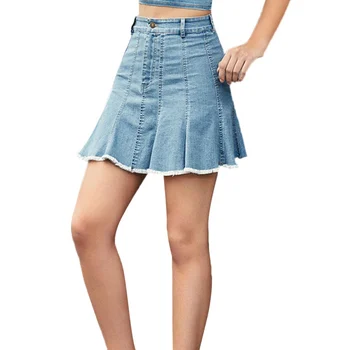 

Denim Skirt For Girls Washed Skirts Solid Color High Waist Mini A Line Skirt Blue XXL