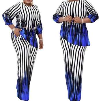 

Stripe Tracksuit Women Two Piece Set Hem Irregular Blouse Top and Wide Leg Pants 2 Pieces Outfits Office Lady Work Clothing Sets