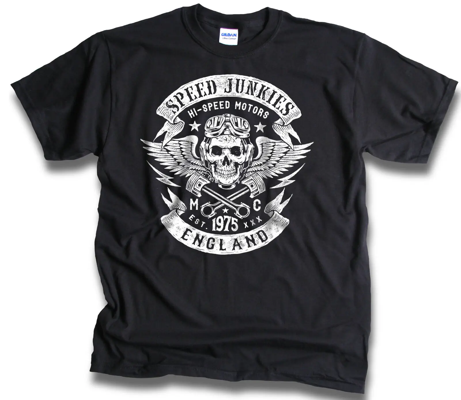 Speed Junkies London Dyed Biker Skull Wings Pistons Patch Maglietta Da Uomo T-Shirt Unisex