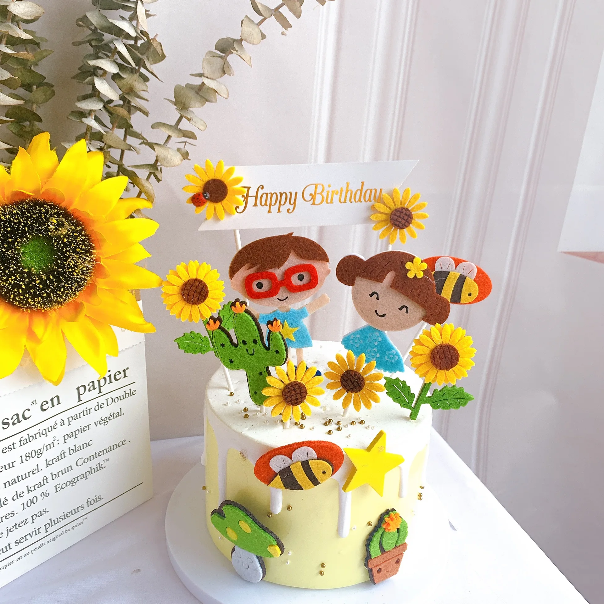 漫画の布ケーキ Deocration 蜂の花サボテンひまわりハッピーバースデーケーキトッパーのための少年女の子誕生日ケーキ ケーキデコレーション用品 Aliexpress