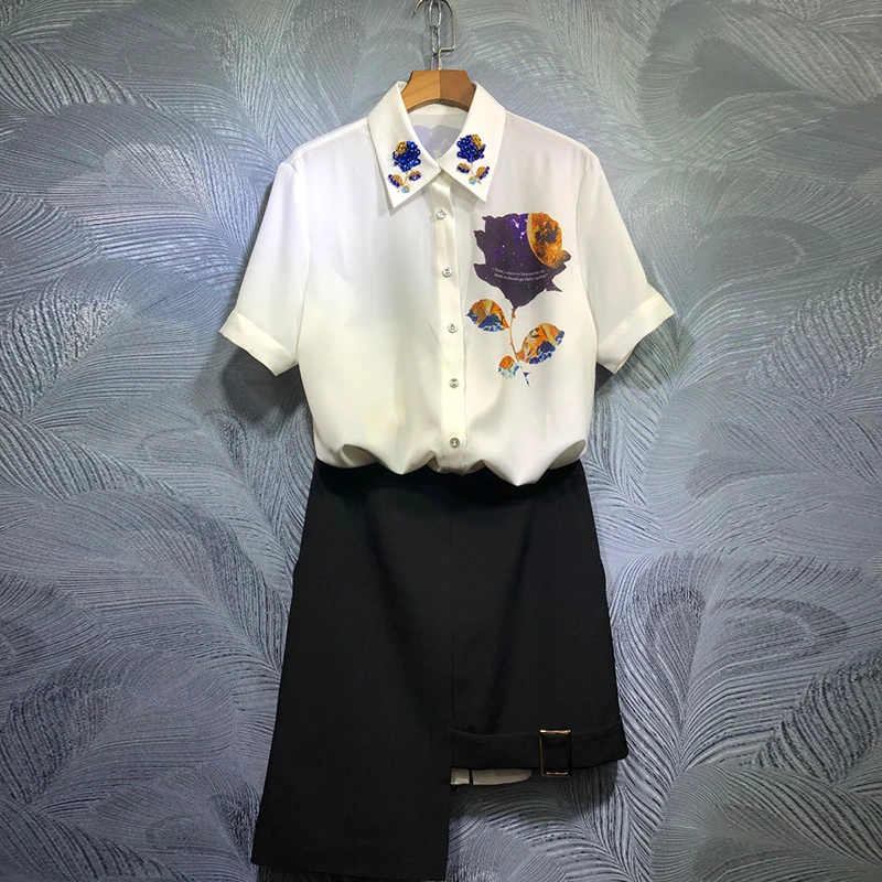 SEQINYY Office Lady Set 2020 Summer Spring New Fashion Design Women Short Sleeve Rose Print Letter Bead White Long Shirt + Skirt
