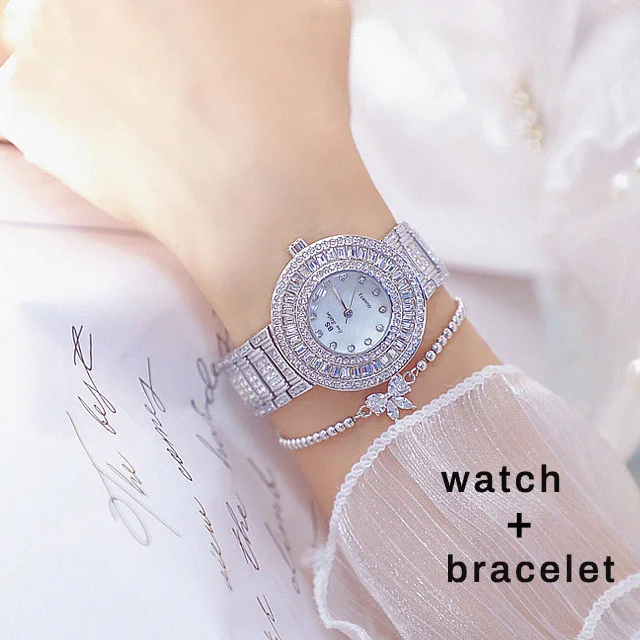 silver-add-bracelet Золотые часы женские известный бренд Алмаз кварцевые женские часы Кристалл Золотой женские наручные часы Feminino Montres Femme - Цвет: silver-add-bracelet