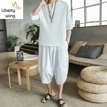

Summer Mens Cotton Linen Two Piece Set Drop Crotch Harem Pants Tracksuit Men Plus Size 5XL Ropa Deportiva Hombre Clothing Sets