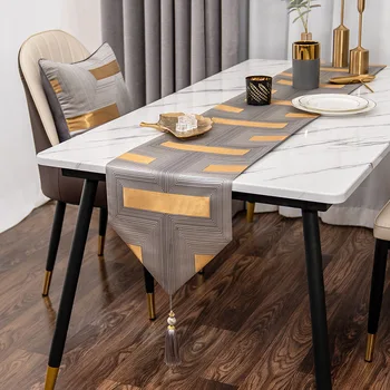 

DUNXDECO Table Runner Home Party Dinner Tablecloth Cover Fabric Modern Luxury Geometric Gray Gold Jacquard Artistic Bed Runner
