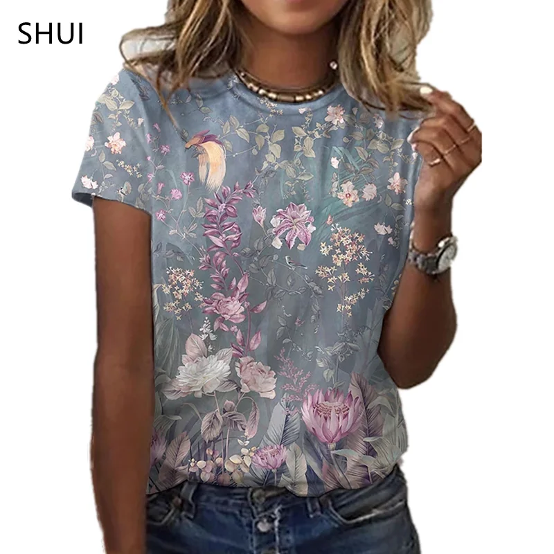 Women's Summer Loose Top Floral 3D Printing T-Shirt Round Neck Casual Shirt Summer Versatile Short Sleeve T-Shirt vintage tees