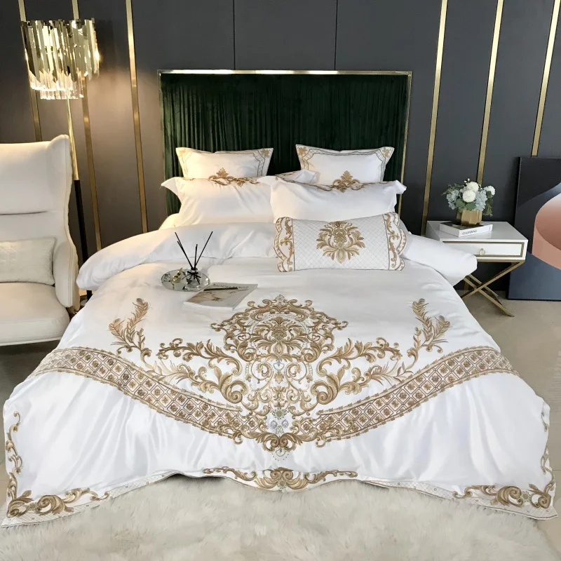 Bedding Cotton Sham|luxury Satin Embroidery Bed With Gold /5pcs 600tc Set 4 - Set