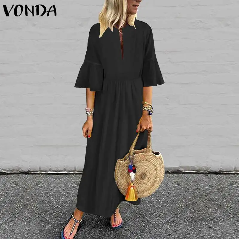 VONDA, Элегантное макси платье,, сексуальное, v-образный вырез, половина рукава, одноцветное, для вечеринок, платья размера плюс, пляжный сарафан, богемный стиль, Vestido Femme