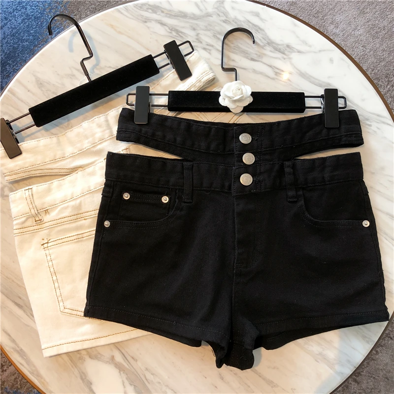 

Women's Denim Hort Pants White Black Jeans Shorts Hollow High Waist Slim Solid Color Denim Shorts Female Jean Shorts