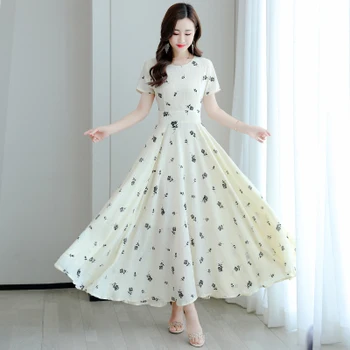 

2020 Summer Slim Short Sleeve Chiffon Vintage Long Dresses Office Lady Floral Empire Women Clothes Pink Dress Fashionable Cloth
