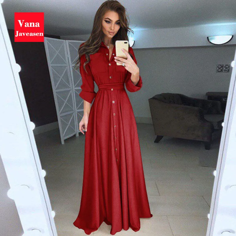 Vana Javeasen сексуальное макси Vestidos Nuevo Slim Fit женское платье с длинным рукавом на пуговицах 5 цветов 8 ярдов вечерние длинные женские платья - Цвет: Красный