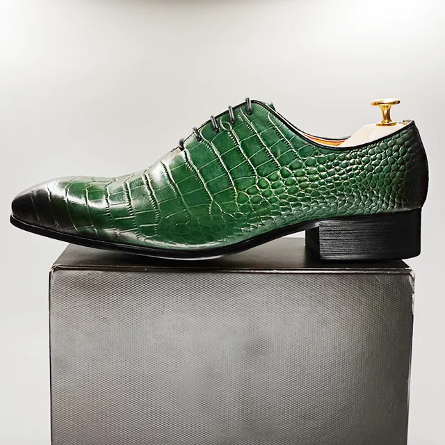 LUXURY MEN OXFORD SHOES GREEN BLACK CROCODILE PRINT LACE UP CASUAL MEN DRESS SHOES OFFICE WEDDING PARTY GENUINE LEATHER MAN SHOE Green
