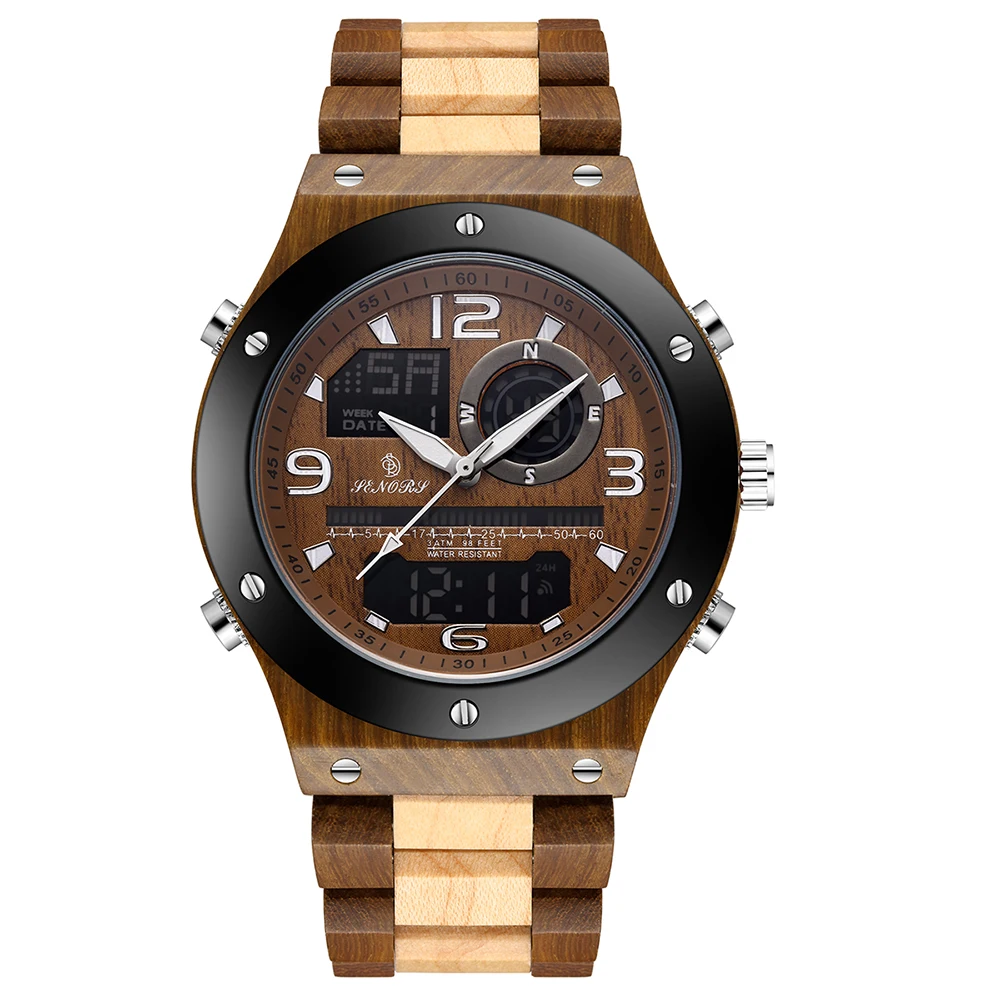 Wood Watch for Men Watch Relogio Masculino Multi-function Chronograph Date Sports Waterproof Mens Male Wooden Quartz Wristwatch