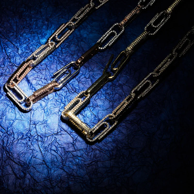 AAA+ кубический цирконий проложили Bling Iced Out личность булавки звено цепи ожерелья для мужчин женщин хип хоп рэппер ювелирные изделия Золото Серебро Роза