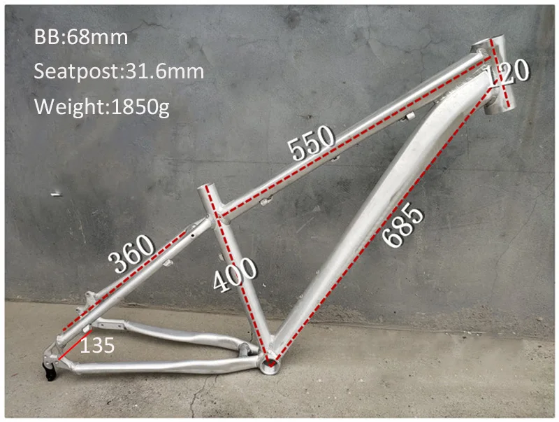 Алюминий 26/27.5er 16In Blank DIY Без покраски MTB Велосипедная рама с крюком Дисковый тормоз Горный велосипед frameset