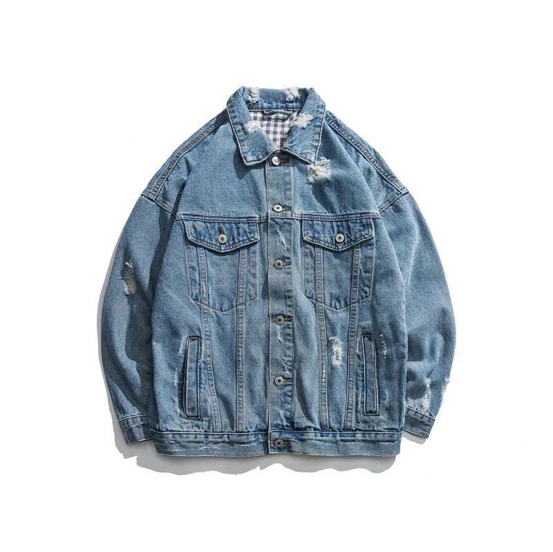 

New Men Loose Hip-hop Denim Jacket European and American Style Lapel Long Sleeve Trend Denim Coat Streetwear Male Clothing