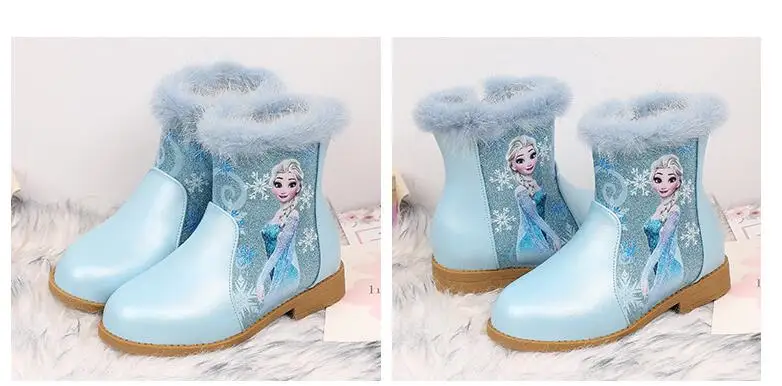 Модные женские сапоги "Принцесса" для девочек из искусственной кожи детские ботинки для снежной погоды; зимняя теплая обувь с мехом для девочек прекрасная принцесса «Эльза»;