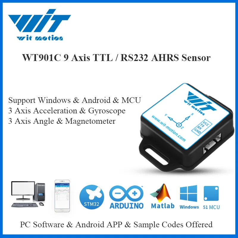 

WT901C 9 Axis IMU Sensor Tilt Angle Roll Pitch Yaw + Acceleration + Gyroscope + Magnetometer MPU9250 on PC/Android/MCU