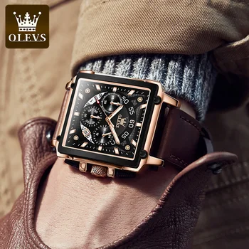 OLEVS 2022 Original Watch for Men Top Brand Luxury Hollow Square Sport Watch Fashion Leather