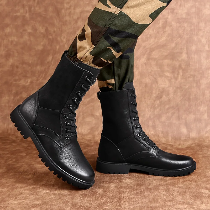 

Men Genuine Leather Buckle round Toe High Equestrian Boots Male lace up Military Botas Knight Boots with fur warm snow boots