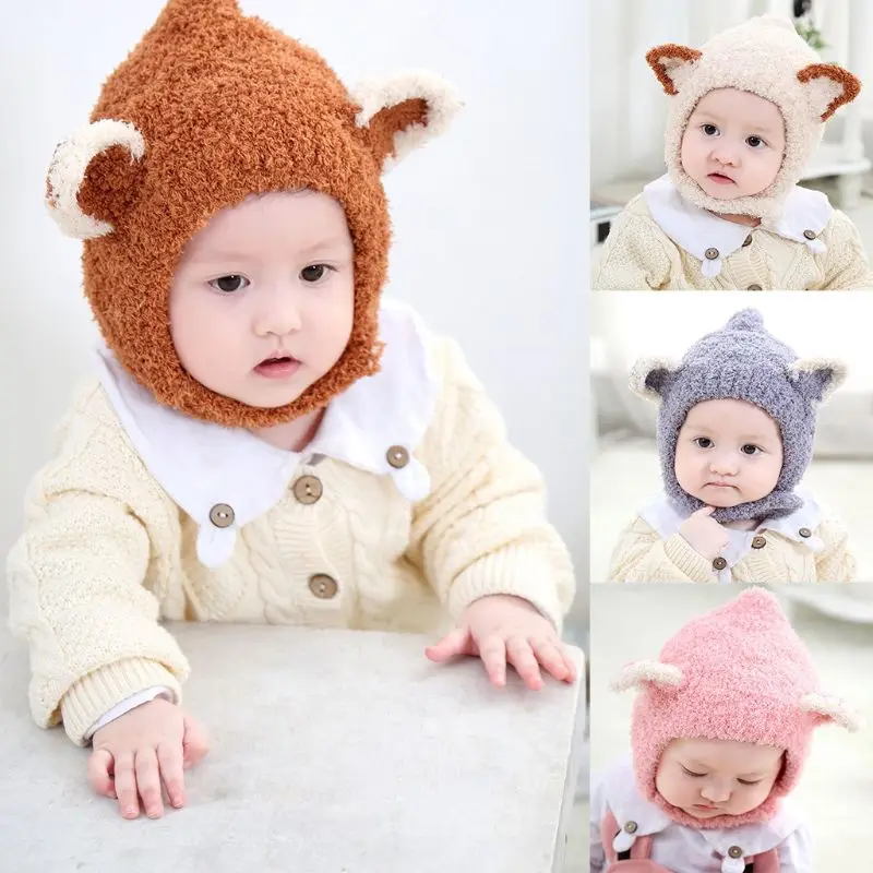 

Winter 2019 Baby Girl Boy Coral Fleece Cute Bear Fox Ears Balaclava Kids Warm Hat Knitted Hats Earflaps