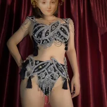 Модные Серебряные стразы, черный бюстгальтер с бахромой, комплект короткой одежды для бара, выпускного, бикини для женщин, певец, танцор, вечерний комплект одежды