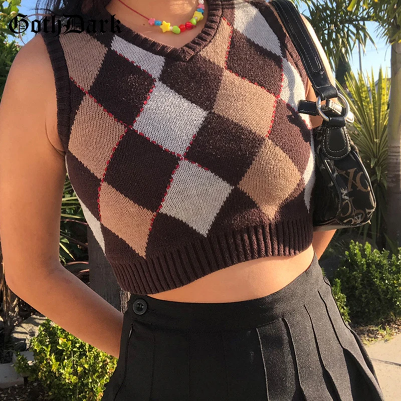 

Goth Dark 90s Streetwear Aesthetic Gothic Knitted Vest E-girl Argyle Printing Brown Sleeveless Women Sweater Vests Slim Crop Top