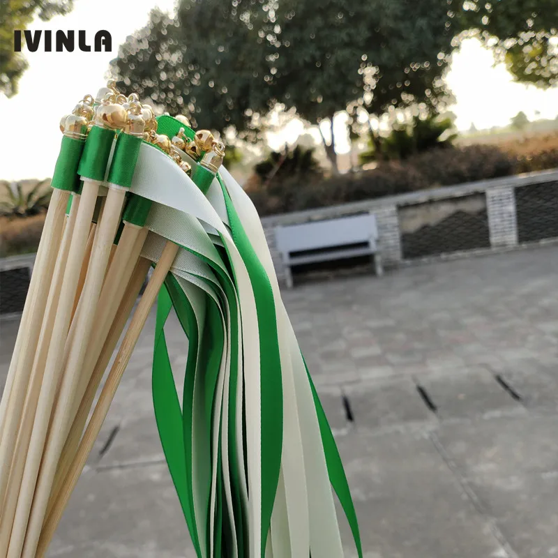 50 шт./лот, стильная зеленая и кремовая лента, свадебные палочки с золотым колокольчиком, палочка для свадебной ленты, ленты для скручивания