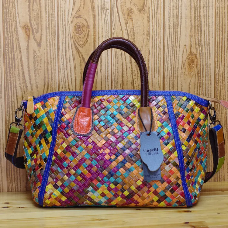 

WOMEN'S Leather Bags Casual Trendy Bag Hand Shoulder Sheepskin Colorful Stripes Handmade Women's Woven Bag