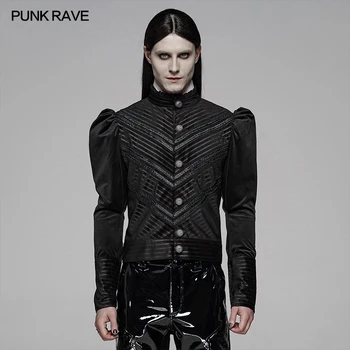 

PUNK RAVE Men Steampunk Retro Stripe Velvet Blouse Stitching Bubble Sleeve Evening Party Shirt Halloween Christmas Dress Shirt